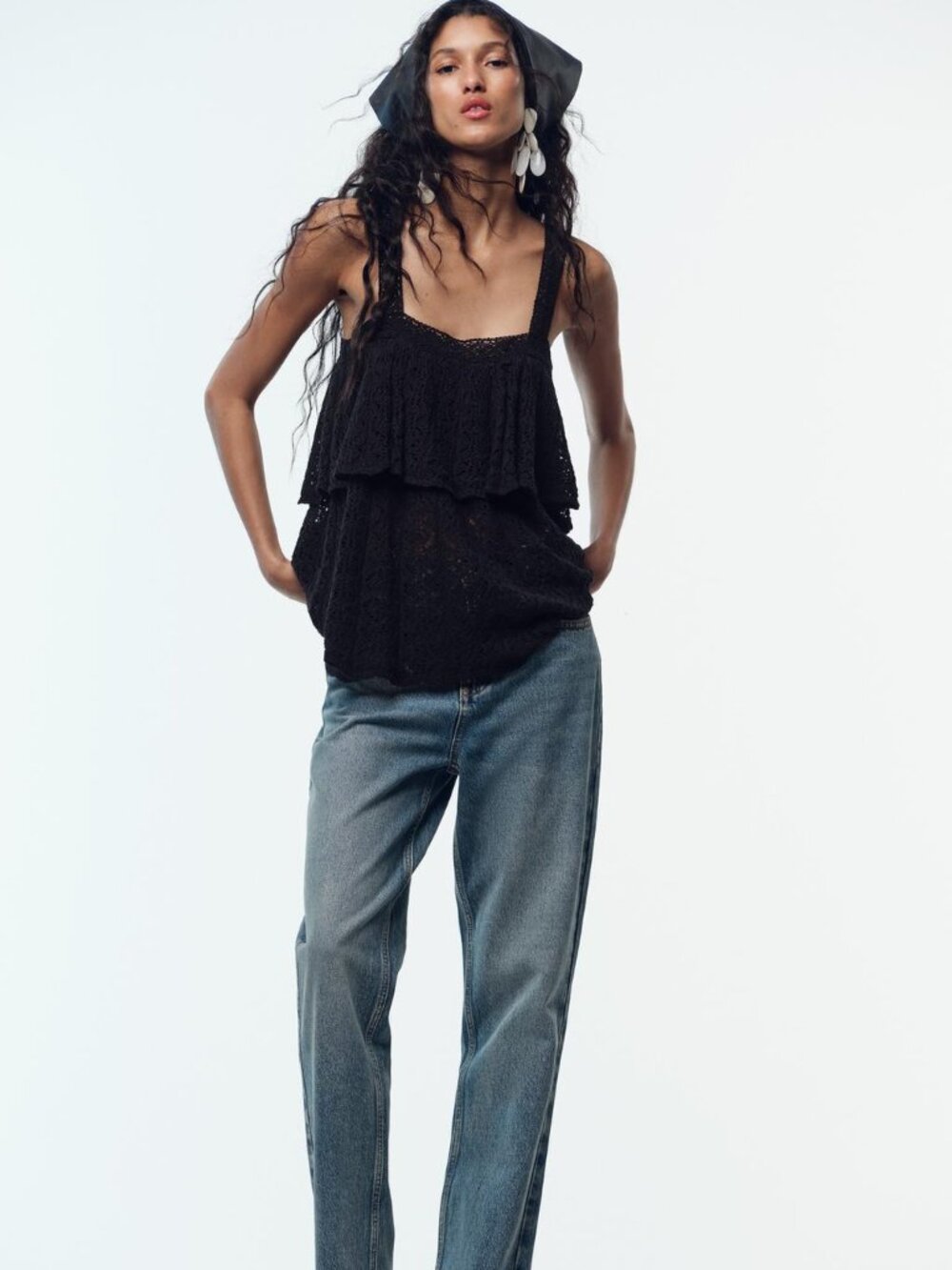 ZARA Pointelle Knit Ruffle Top Black Cotton Boho Tank Size M NWT Summer Chic